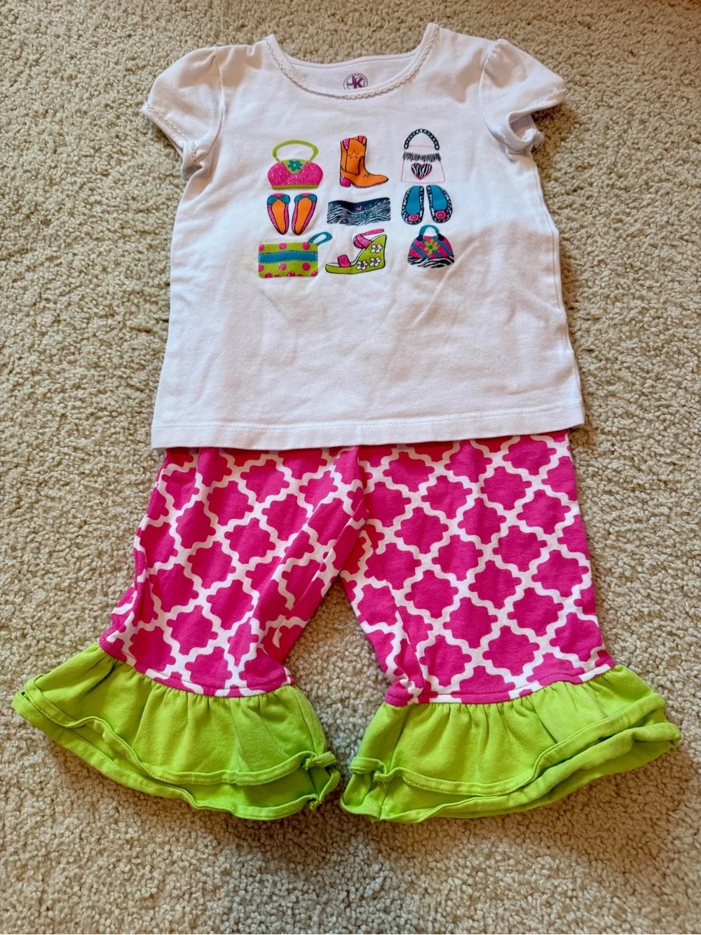 J. Khaki White Top with Pink & Lime Ruffled Matching Pants - Girls